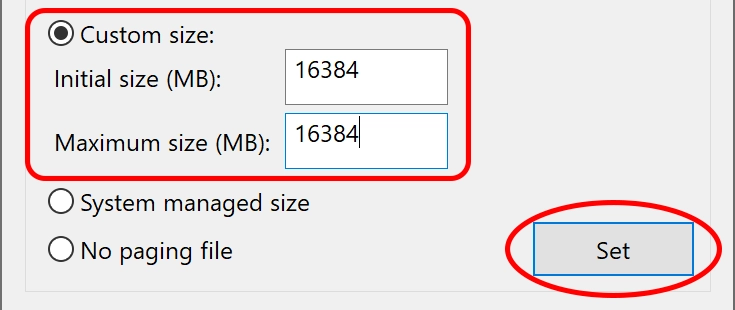 Cửa sổ cấu hình page file với các giá trị Initial và Maximum size
